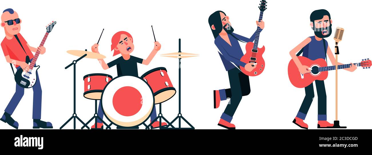 Musiciens de rock avec des instruments dans différentes poses Illustration de Vecteur