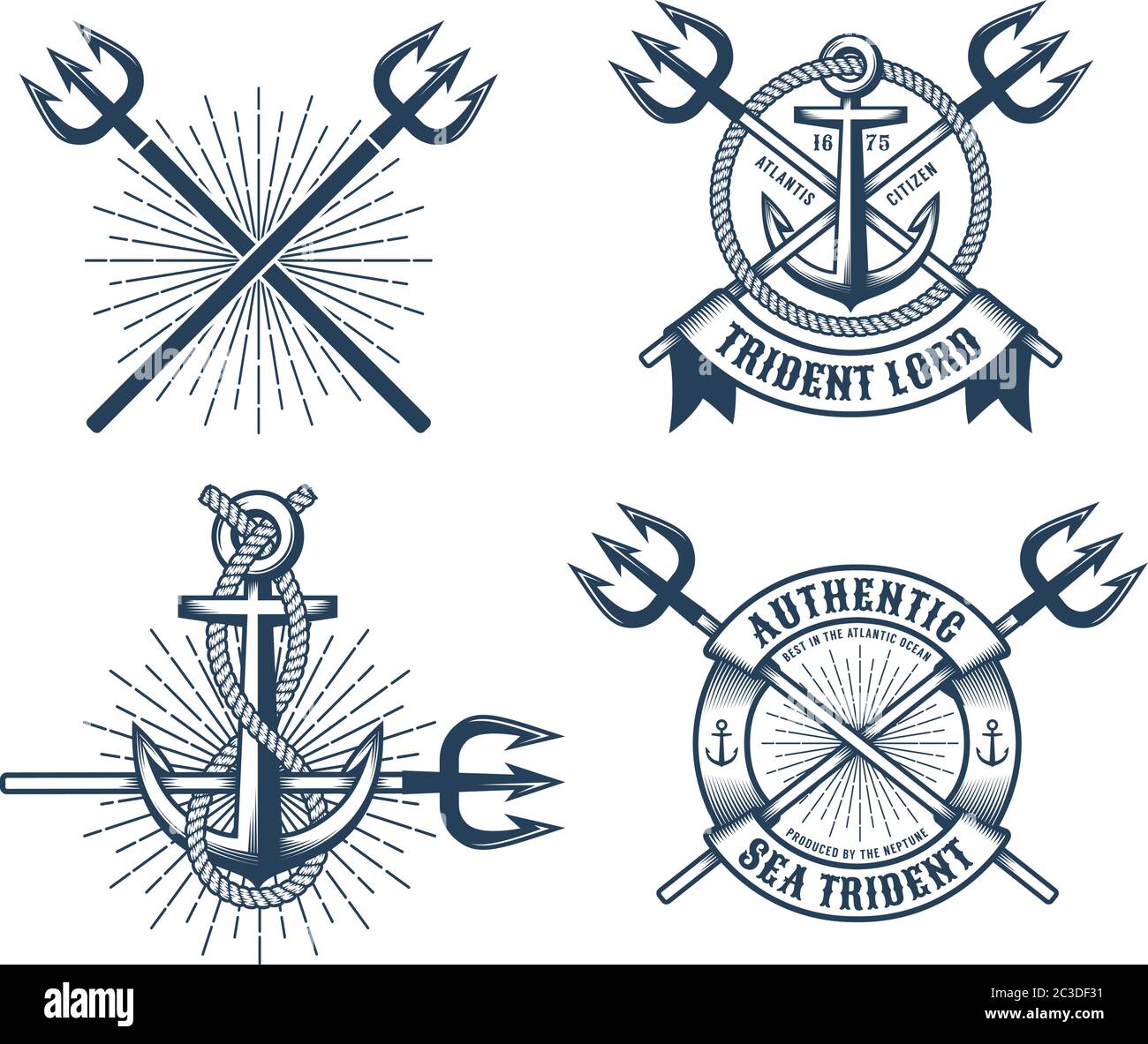 Logos vintage de tatouage bleu marine hipster avec rubans de tridents et ancres Illustration de Vecteur