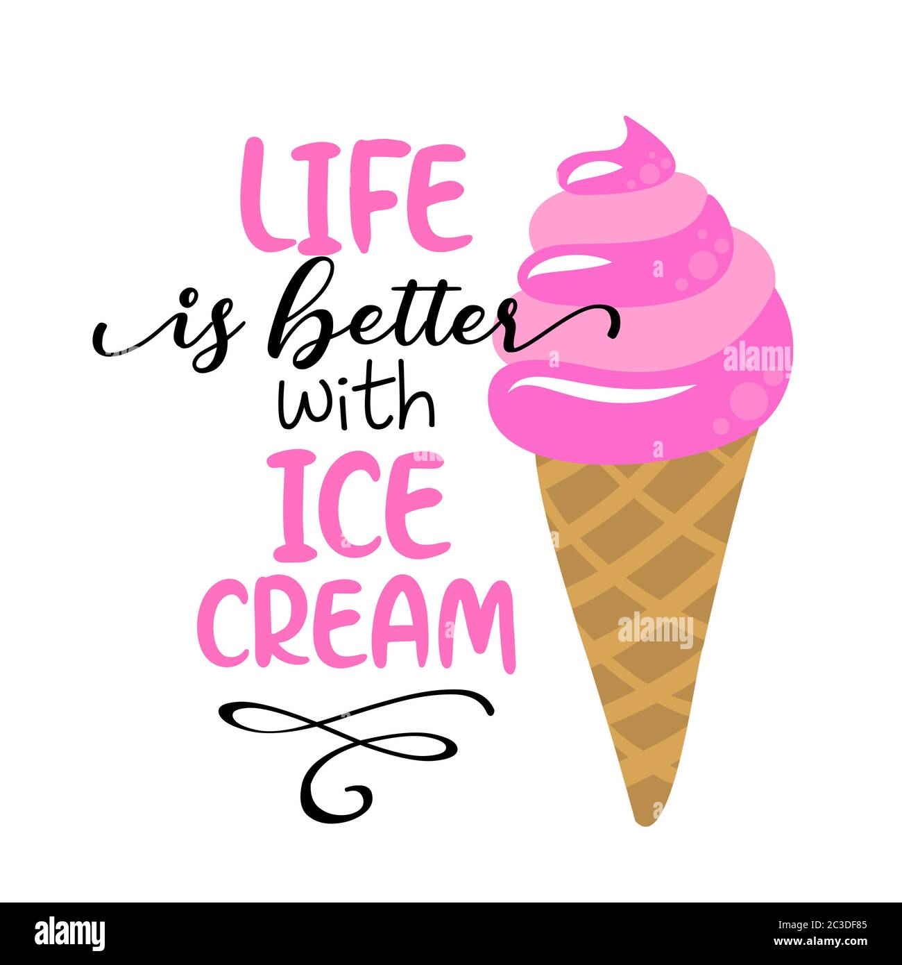 La Vie Est Meilleure Avec La Glace Glace Fraise Cone Sur Fond Blanc Avec Belle Citation Mignonne Main De Glace Tiree Dans La Main De Femme Fun Heureux Doo Image Vectorielle Stock