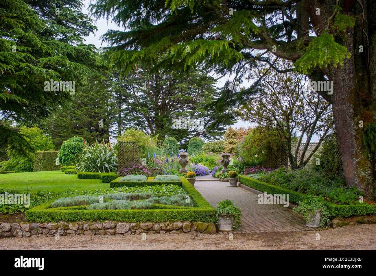 Un chemin dans le jardin du château de Larnach près de Dunedin sur l'île du Sud en Nouvelle-Zélande. Banque D'Images