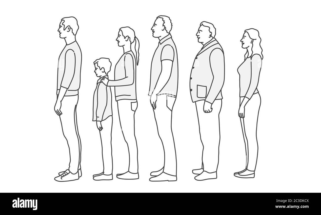Les personnes qui se tiennent en ligne. Profil. Illustration vectorielle de dessin de ligne. Banque D'Images