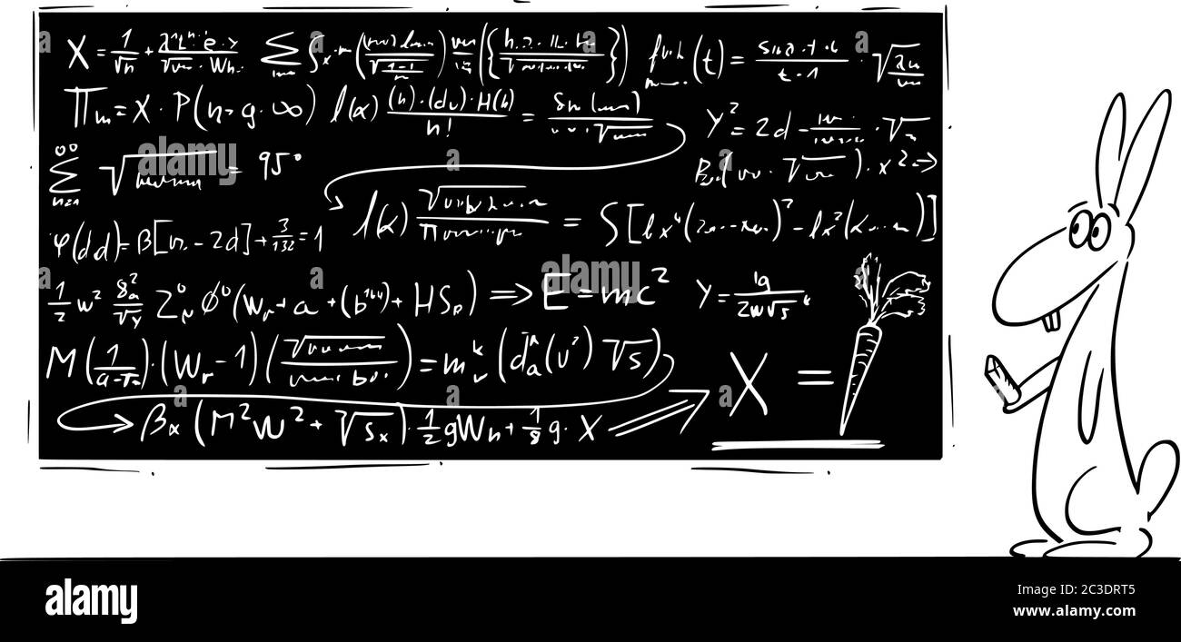 Dessin de dessin de dessin de dessin de dessin de dessin de dessin de lapin, de lapin ou de lièvre en résolvant des équations mathématiques complexes sur le tableau noir avec la carotte comme résultat. Concept de l'éducation et de la science. Illustration de Vecteur