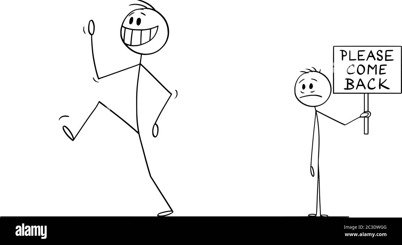 Dessin vectoriel de dessin de dessin de dessin de dessin de dessin conceptuel d'homme, employé, travailleur ou client souriant laissant triste homme déprimé, employeur ou homme d'affaires dans la main s'il vous plaît revenir signe. Illustration de Vecteur