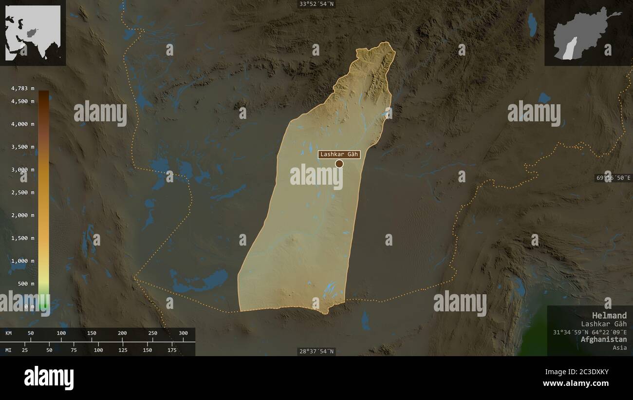 Helmand, province d'Afghanistan. Données de shader de couleur avec lacs et rivières. Forme présentée dans sa zone de pays avec des superpositions informatives. Réf. 3D Banque D'Images