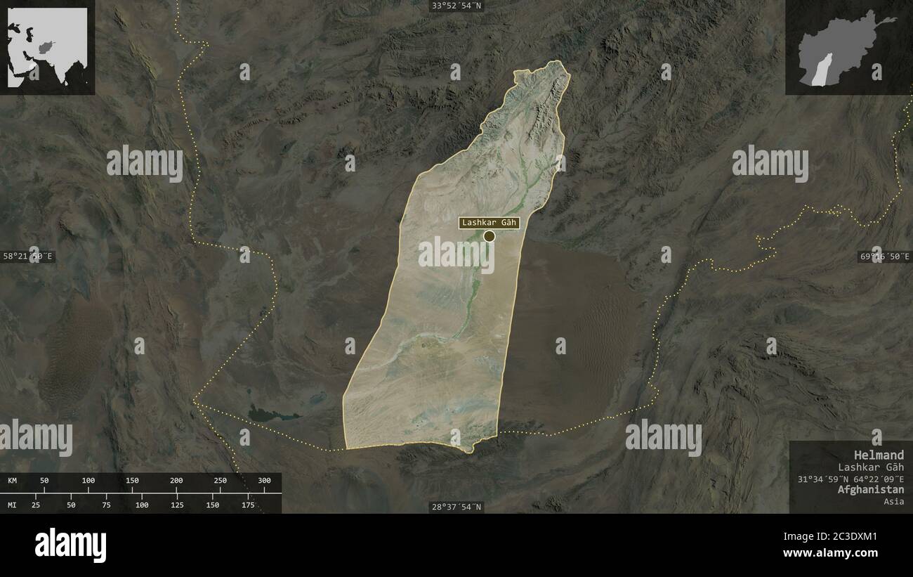 Helmand, province d'Afghanistan. Imagerie satellite. Forme présentée dans sa zone de pays avec des superpositions informatives. Rendu 3D Banque D'Images