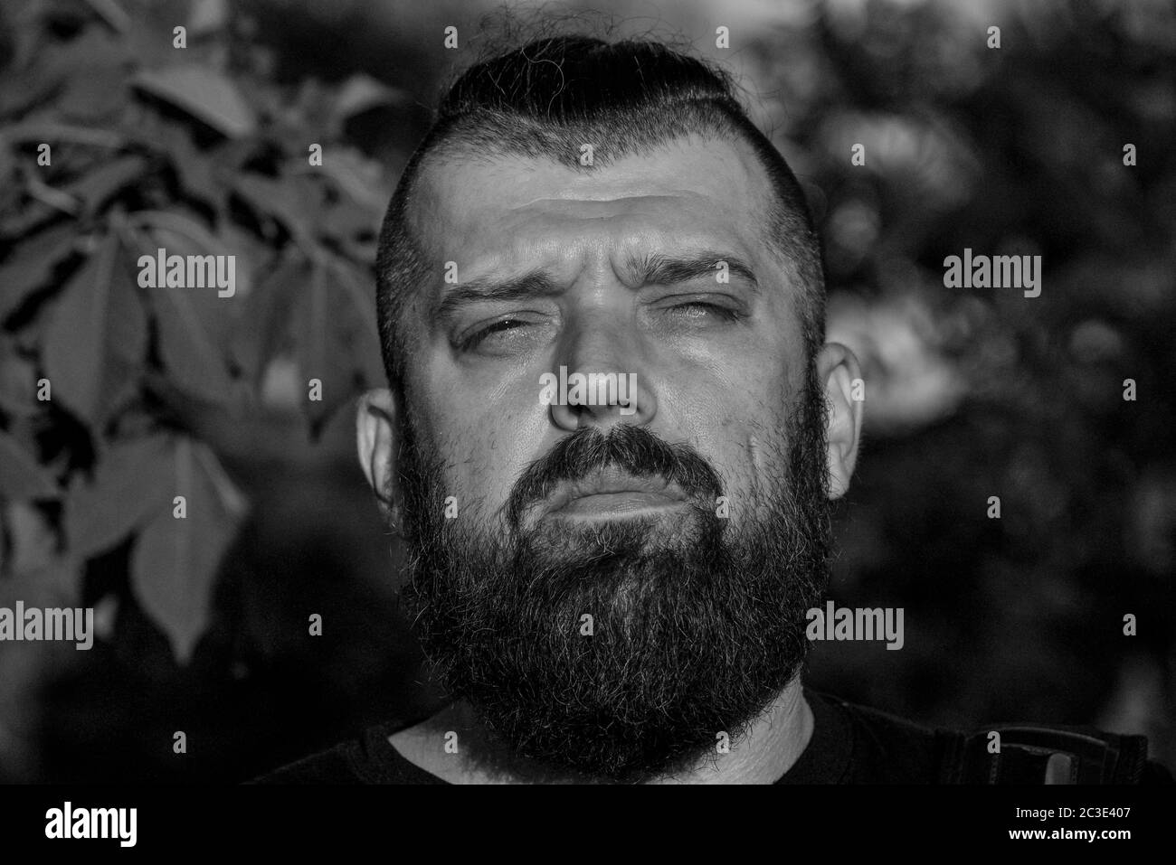 Homme avec une barbe au coucher du soleil. Grand portrait facial d'un homme barbu de 40 ans. Portrait plein visage. Homme dans un t-shirt noir Banque D'Images