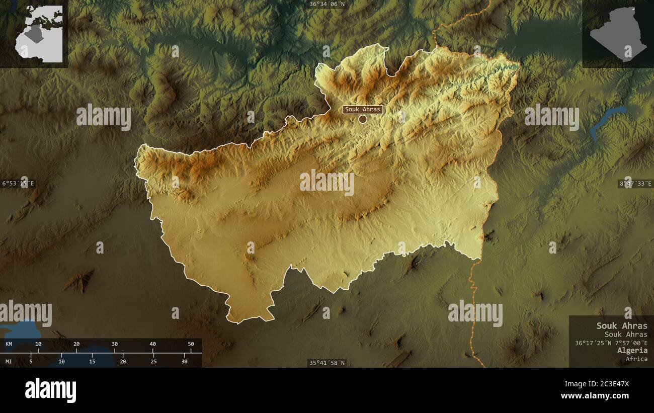 Souk Ahras, province d'Algérie. Relief coloré avec lacs et rivières. Forme présentée dans sa zone de pays avec des superpositions informatives. Rendu 3D Banque D'Images