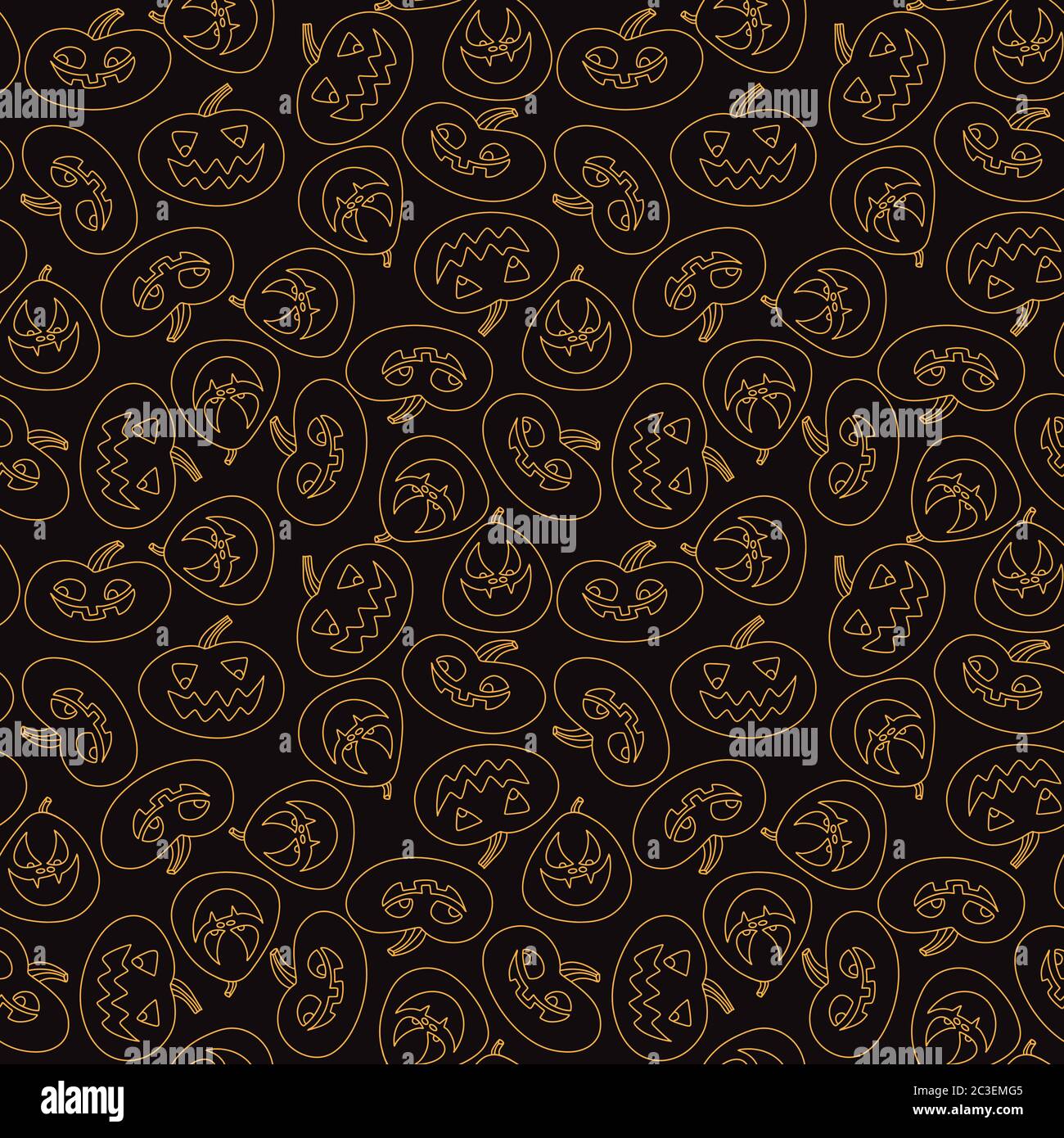 Motif sans couture sur fond noir ligne orange citrouilles Halloween motif vectoriel style Doodle Illustration de Vecteur