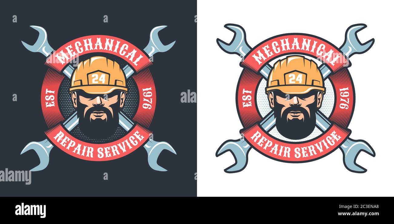 Service de réparation mécanique avec un barbihomme dans un casque Illustration de Vecteur