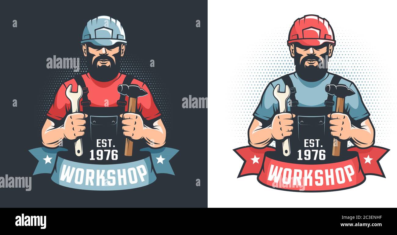 Logo vintage atelier mécanique - handyman en casque avec marteau et clé Illustration de Vecteur