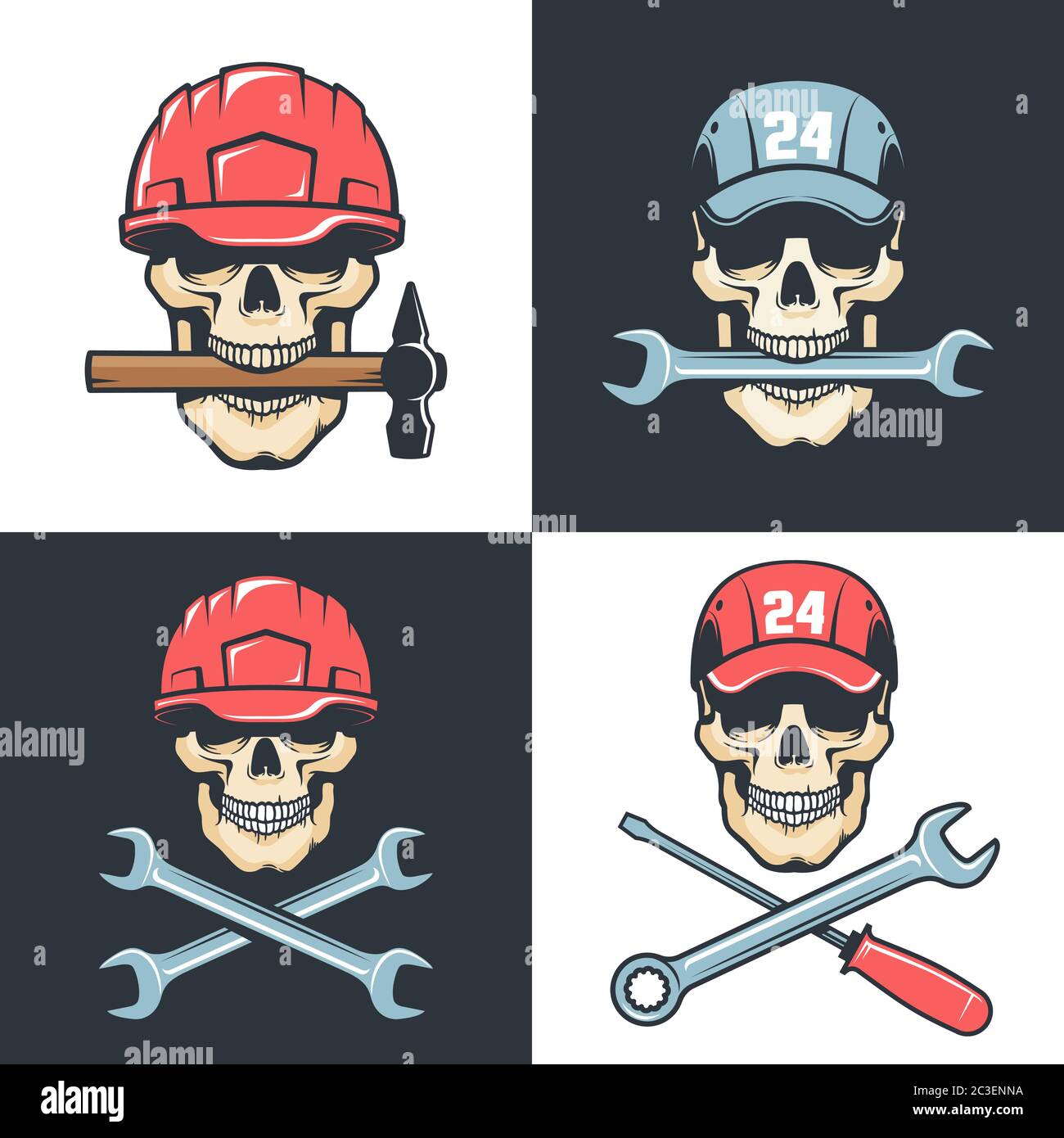 Crâne mécanicien réparateur avec outils - logo rétro Illustration de Vecteur