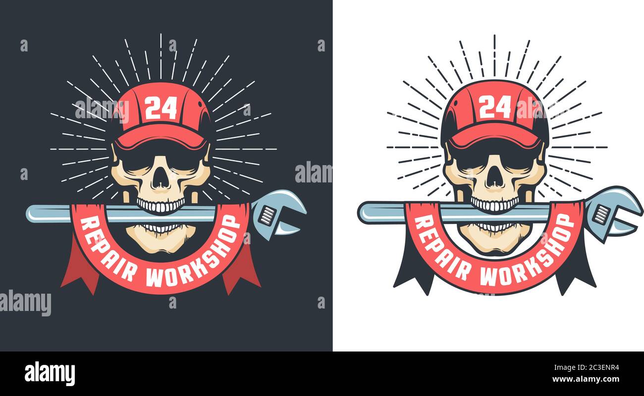 Logo de montage d'atelier de réparation mécanique avec crâne dans le chapeau et la grosse clé Illustration de Vecteur