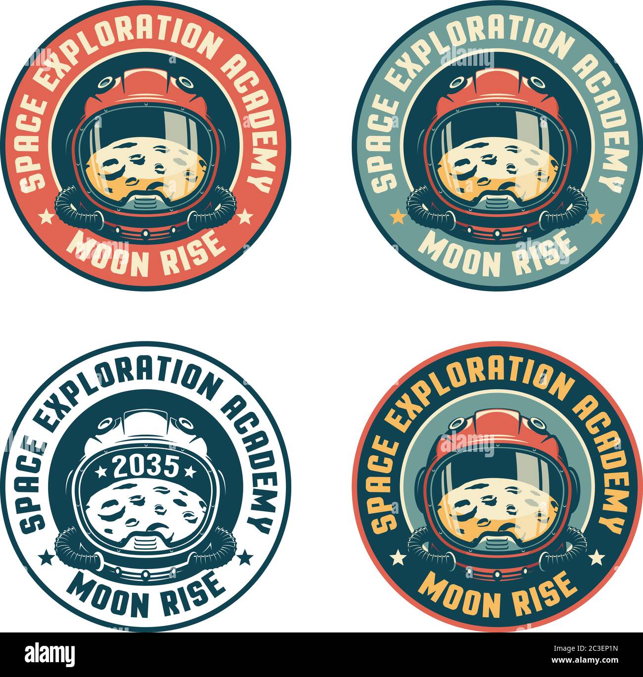Badge d'espace rétro avec casque astronaute et lune Illustration de Vecteur