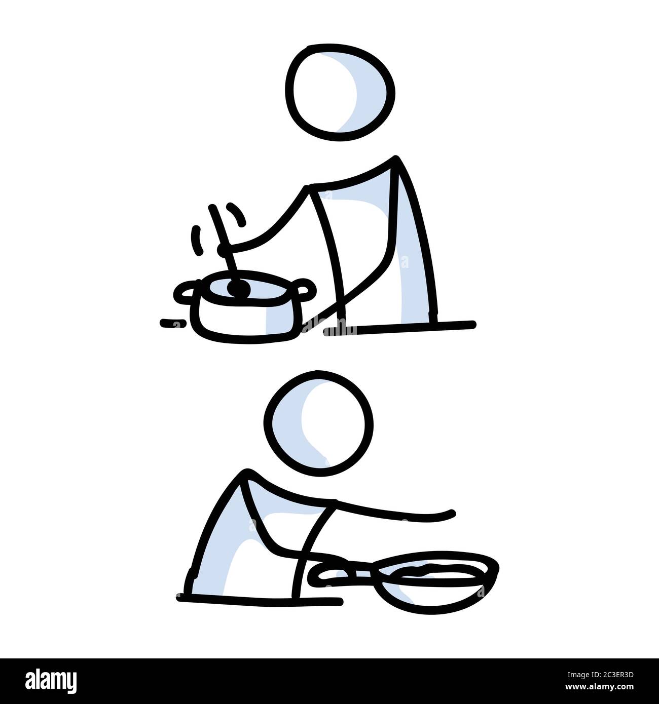 Adorable figurine bâton deux cuisiniers avec poêle icône de linéart. Pictogramme de préparation du dîner. Communication de l'illustration des repas du restaurant. Cuisine Illustration de Vecteur