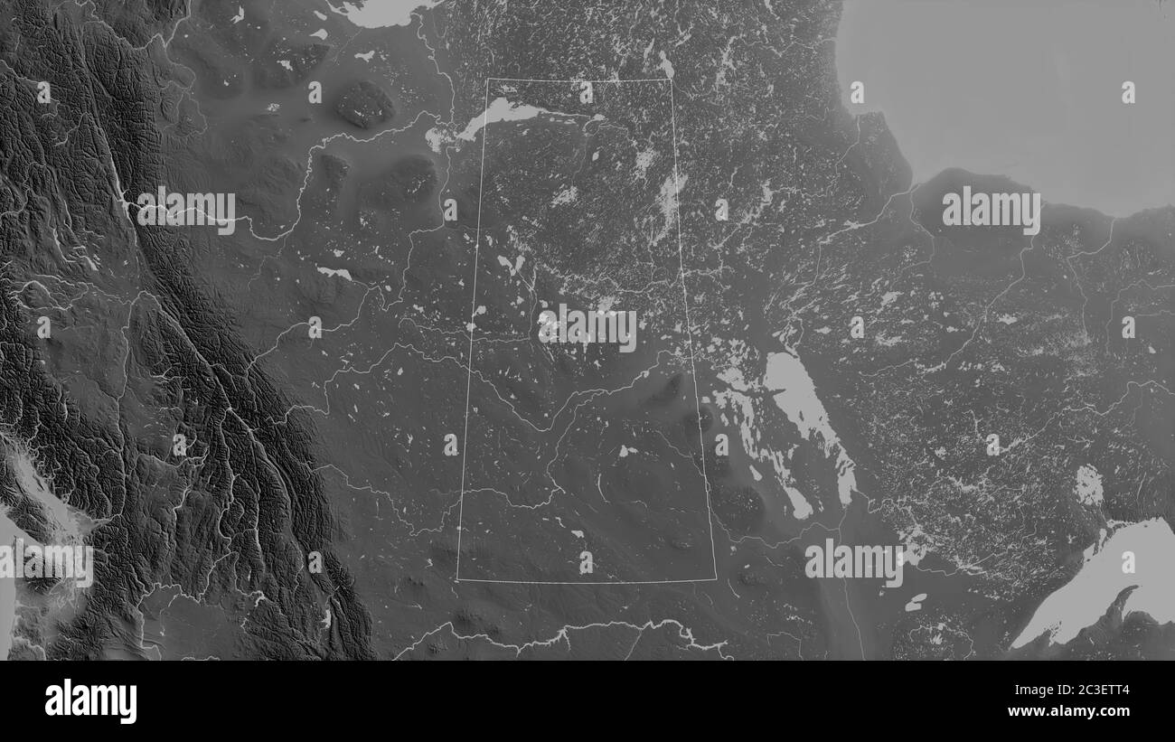 Saskatchewan, province du Canada. Carte à échelle de gris avec lacs et rivières. Forme entourée par rapport à sa zone de pays. Rendu 3D Banque D'Images