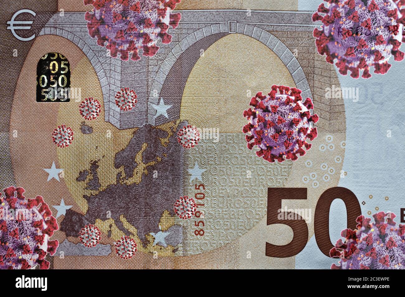 Comment la crise de la couronne affecte-t-elle l'économie, 50 euro note avec les virus de la couronne, photo Assembly Banque D'Images