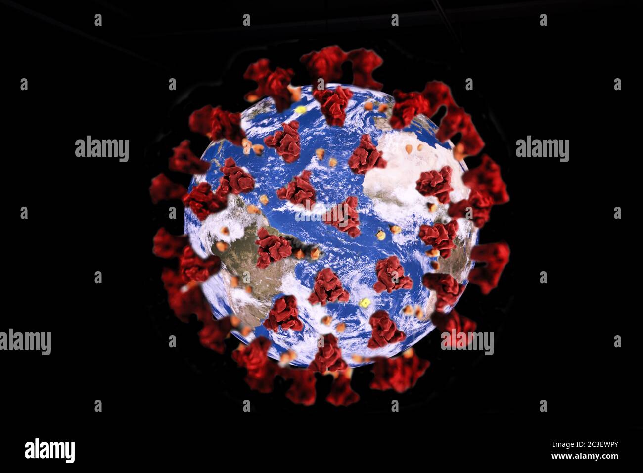 Attaque sur terre avec des virus corona, photo-point, image symbole de la pandémie mondiale de corona Banque D'Images