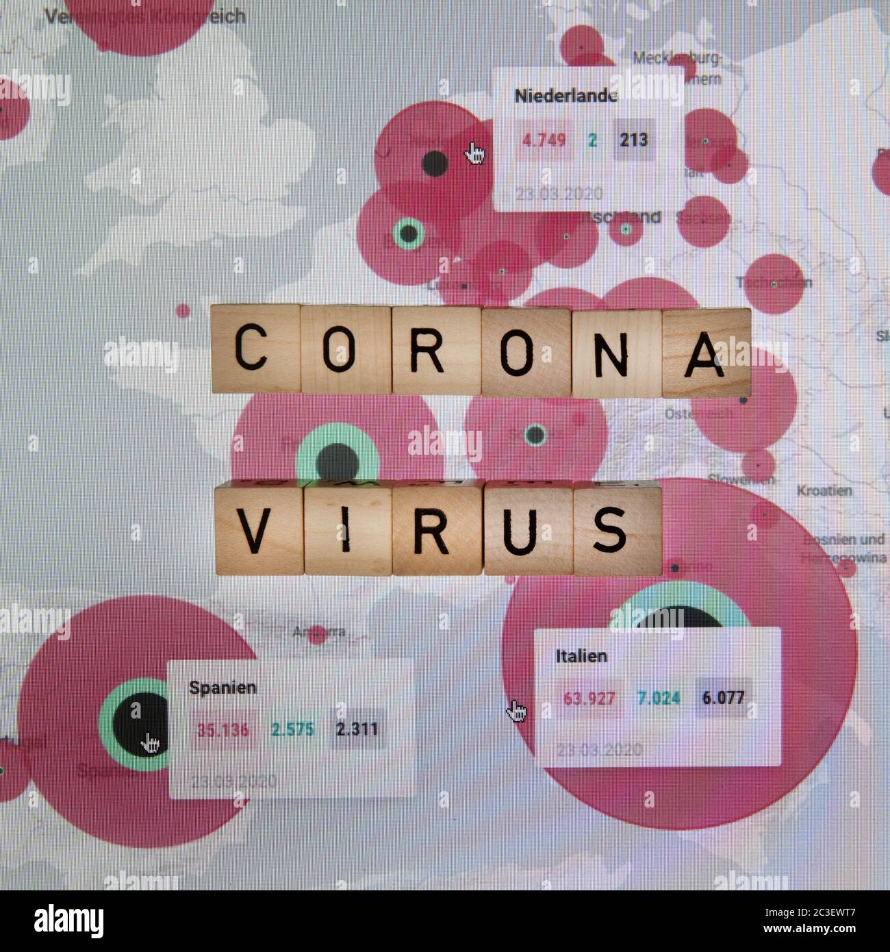 Carte avec la propagation du virus corona en Europe, Covid–19, crise Corona, image symbolique Banque D'Images