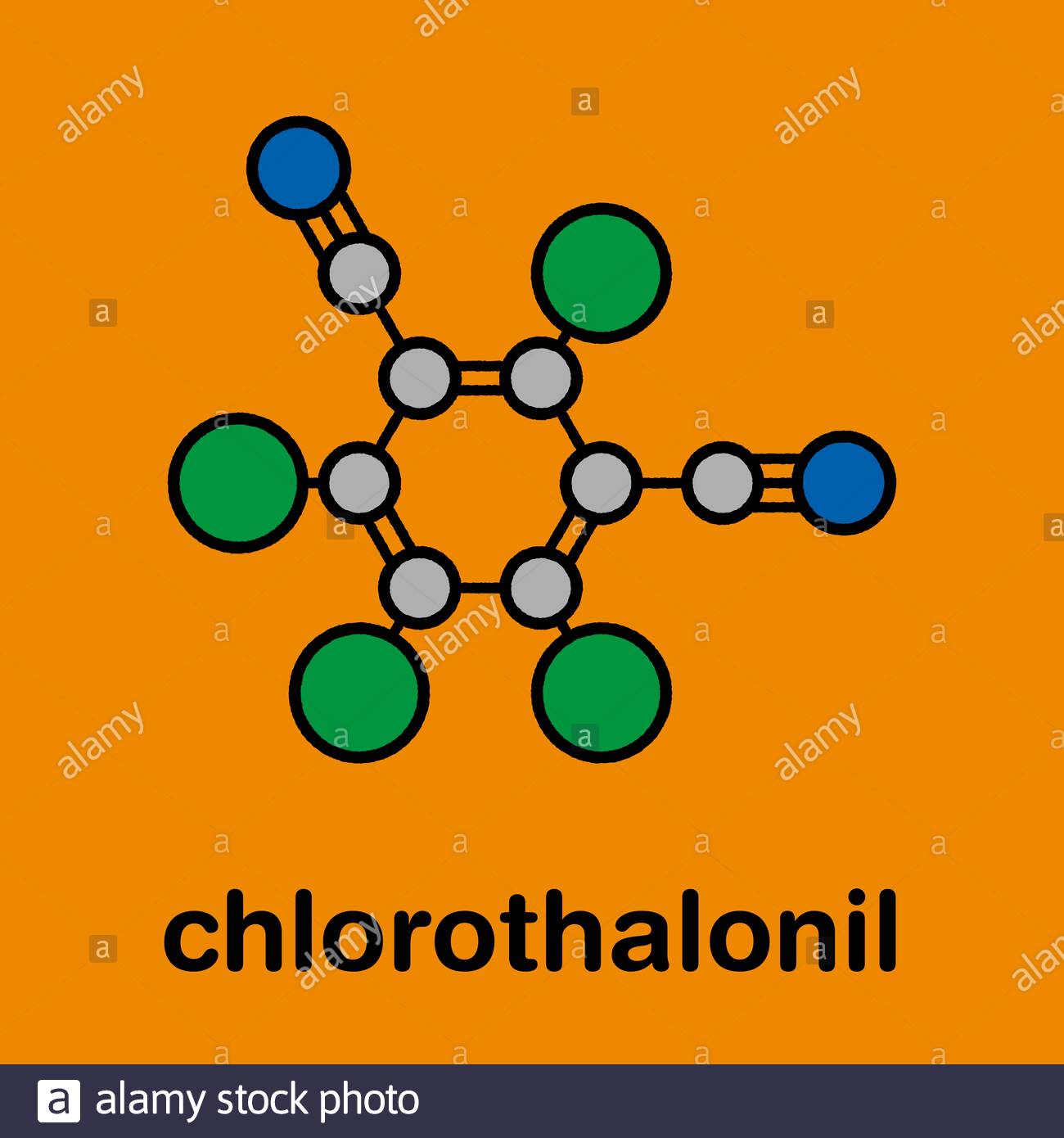Molécule de pesticide chlorthalonil. Formule squelettique stylisée (structure chimique) : les atomes sont représentés par des cercles de couleur : carbone (gris), azote (bleu), chlore (vert). Banque D'Images