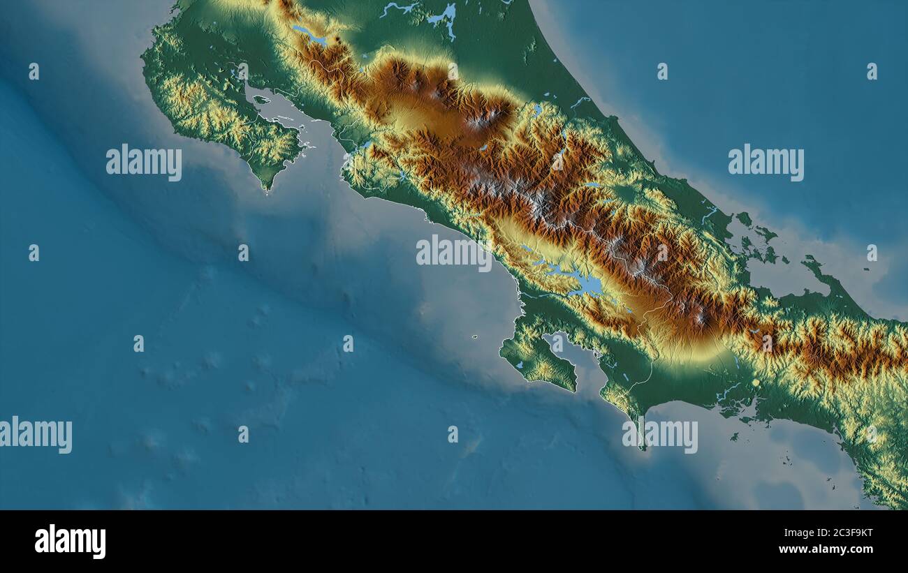 Puntarenas, province du Costa Rica. Relief coloré avec lacs et rivières. Forme entourée par rapport à sa zone de pays. Rendu 3D Banque D'Images