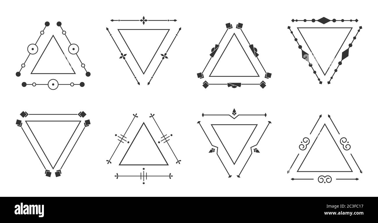 Cadre à lignes noires trigonales élégant ensemble décoratif. Bordure triangulaire graphique vintage pour texte carte d'invitation de mariage, certificat rétro. Cadres tricorne isolés sur illustration vectorielle blanche Illustration de Vecteur