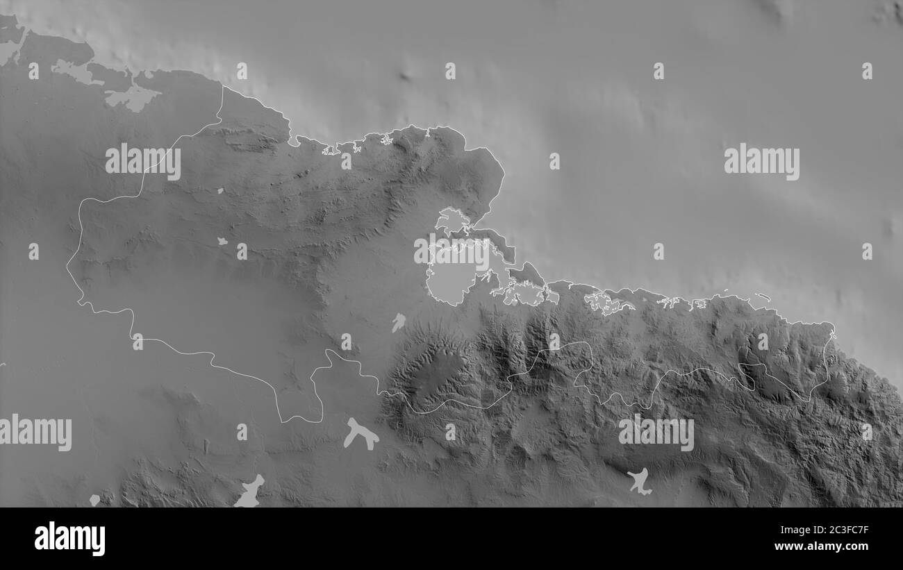 Holguín, province de Cuba. Carte à échelle de gris avec lacs et rivières. Forme entourée par rapport à sa zone de pays. Rendu 3D Banque D'Images