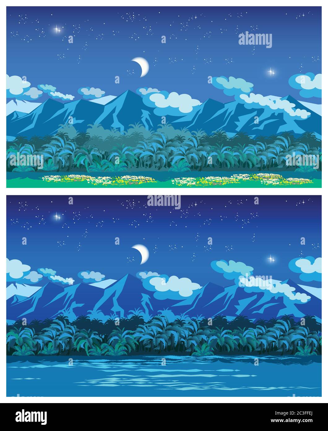 Deux illustrations vectorielles stylisées de la jungle la nuit. Sans couture horizontale si nécessaire. Illustration de Vecteur Deux illustrations vectorielles stylisées de la jungle la nuit. Sans couture horizontale si nécessaire. Illustration de Vecteur