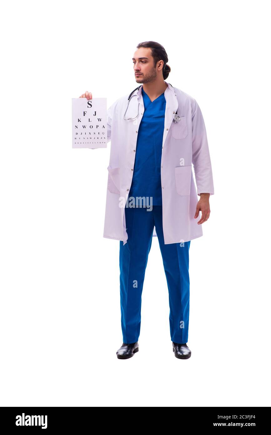 Jeune oculiste mâle isolé sur blanc Banque D'Images