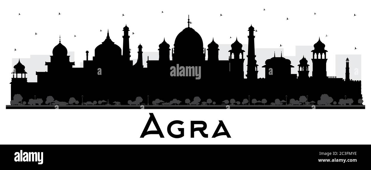 Agra India City Skyline Silhouette avec bâtiments noirs isolés sur blanc. Illustration vectorielle. Concept de tourisme avec architecture historique. Illustration de Vecteur