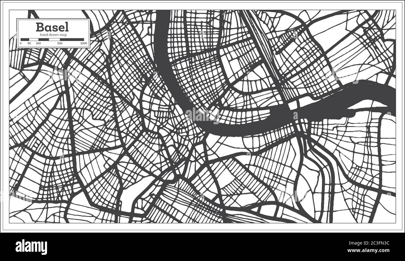 Carte de Bâle Suisse en noir et blanc en style rétro. Carte de contour. Illustration vectorielle. Illustration de Vecteur