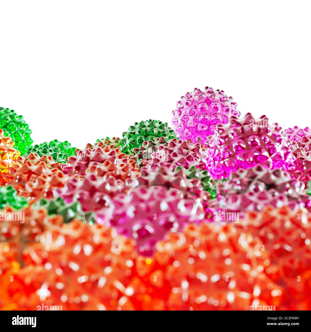 Une boule de verre violette avec pointes repose sur d'autres boules colorées semblables au virus covid. rendu 3d Banque D'Images