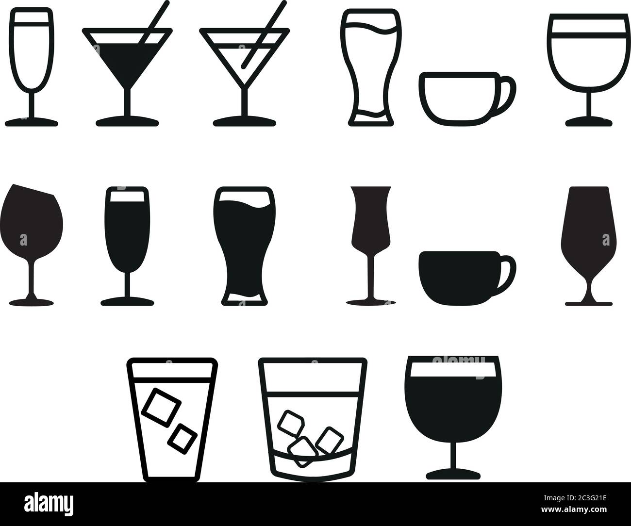 ensemble de boissons icônes, eau, boisson non alcoolisée, alcool, jus, verre, shakeevector de lait Illustration de Vecteur