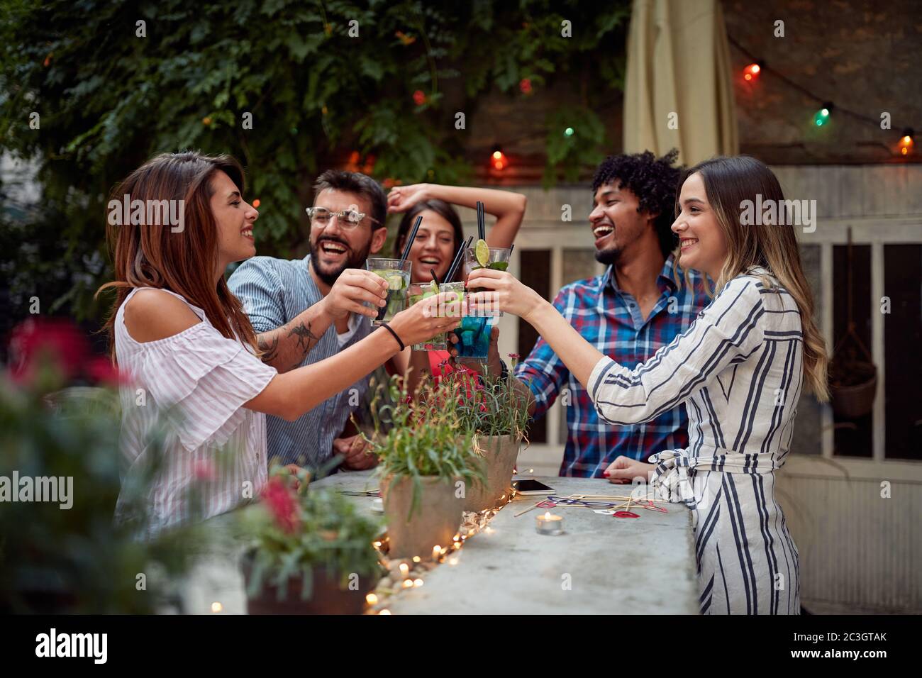 Des amis qui font un toast dans le jardin du café Banque D'Images