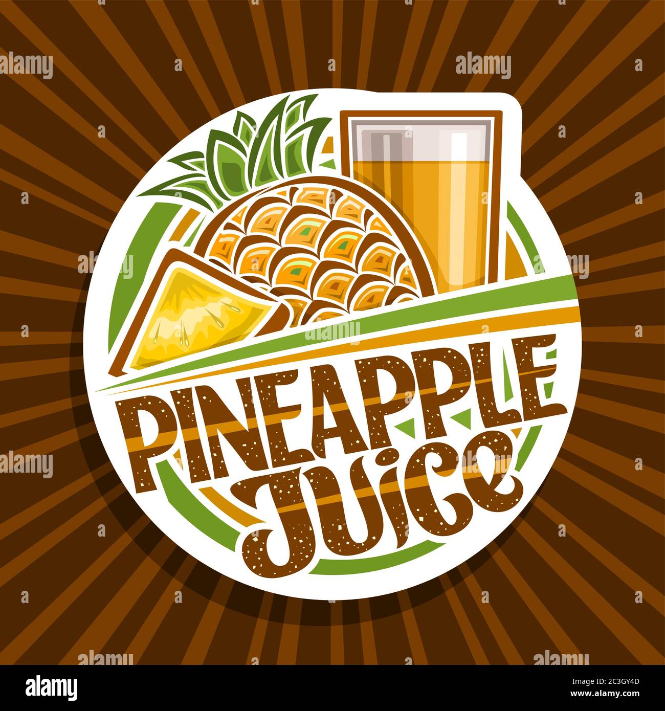 Logo vectoriel pour jus de ananas, étiquette décorative en papier découpé avec illustration de la boisson aux fruits en verre et ananas de dessin animé, fruit concept avec le plus petit marché Illustration de Vecteur