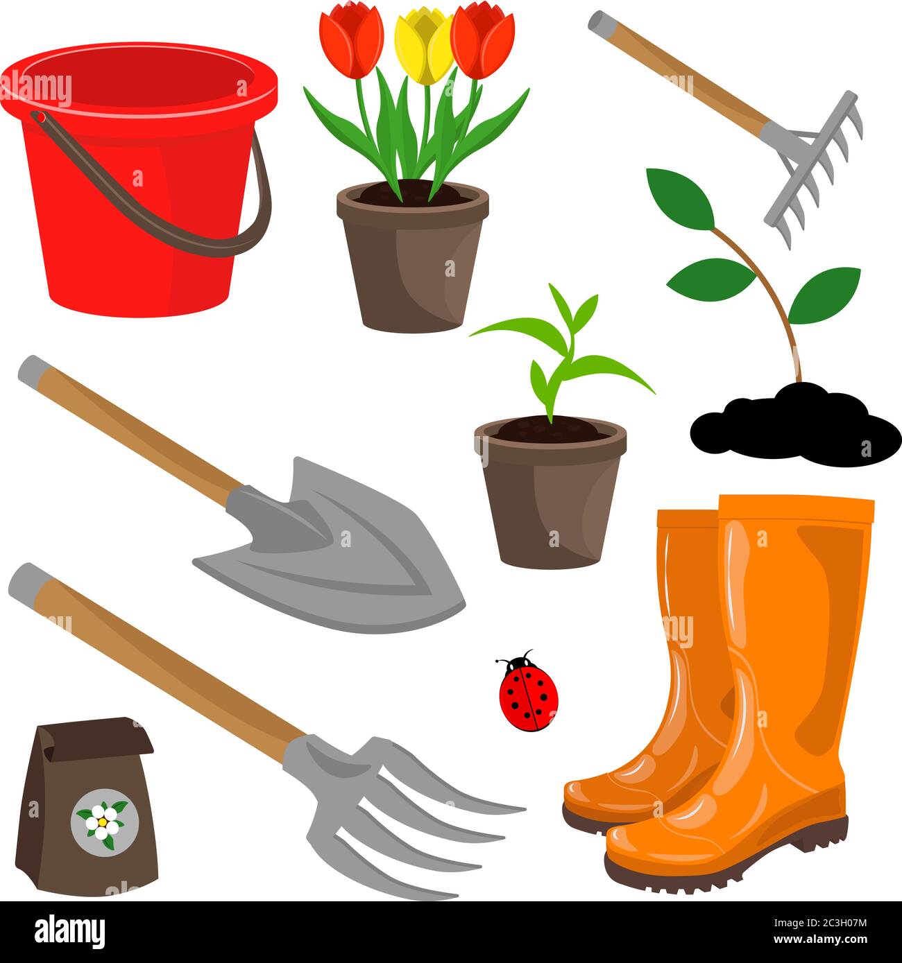 Kit de jardinier : râteau, fourche, seau, pelle, jeunes arbres sur fond blanc isolé. Dessin vectoriel sur le thème du jardinage. Illustration de Vecteur