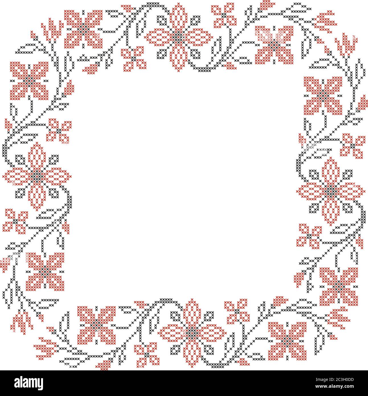 Cadre fleuri pour broderie en point de croix dans un style ethnique traditionnel ukrainien. Illustration vectorielle rouge et noir. Illustration de Vecteur