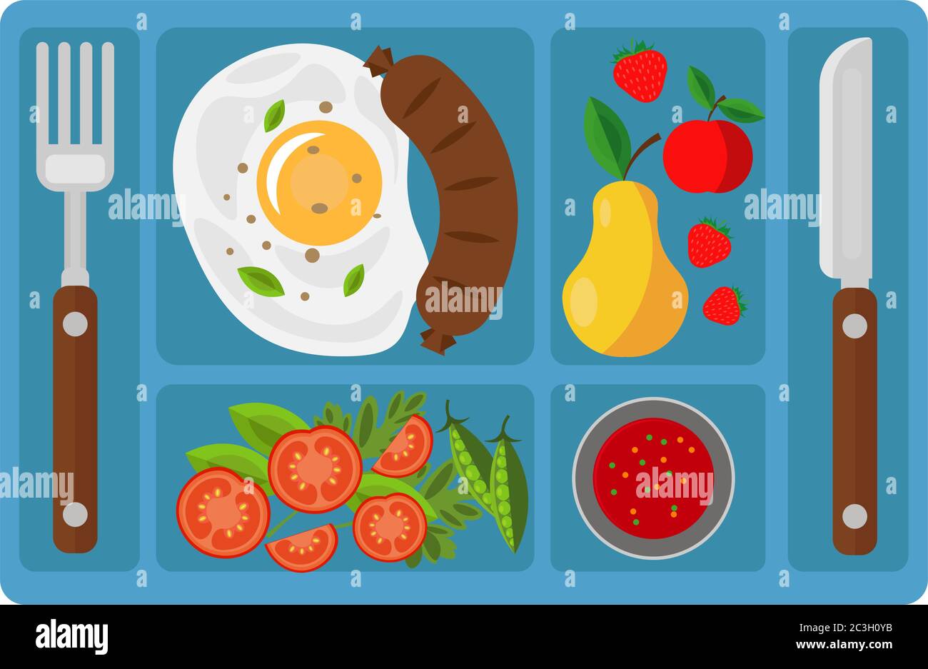 Petit déjeuner sur un plateau avec compartiments. Illustration vectorielle sur le thème de l'alimentation. Illustration de Vecteur