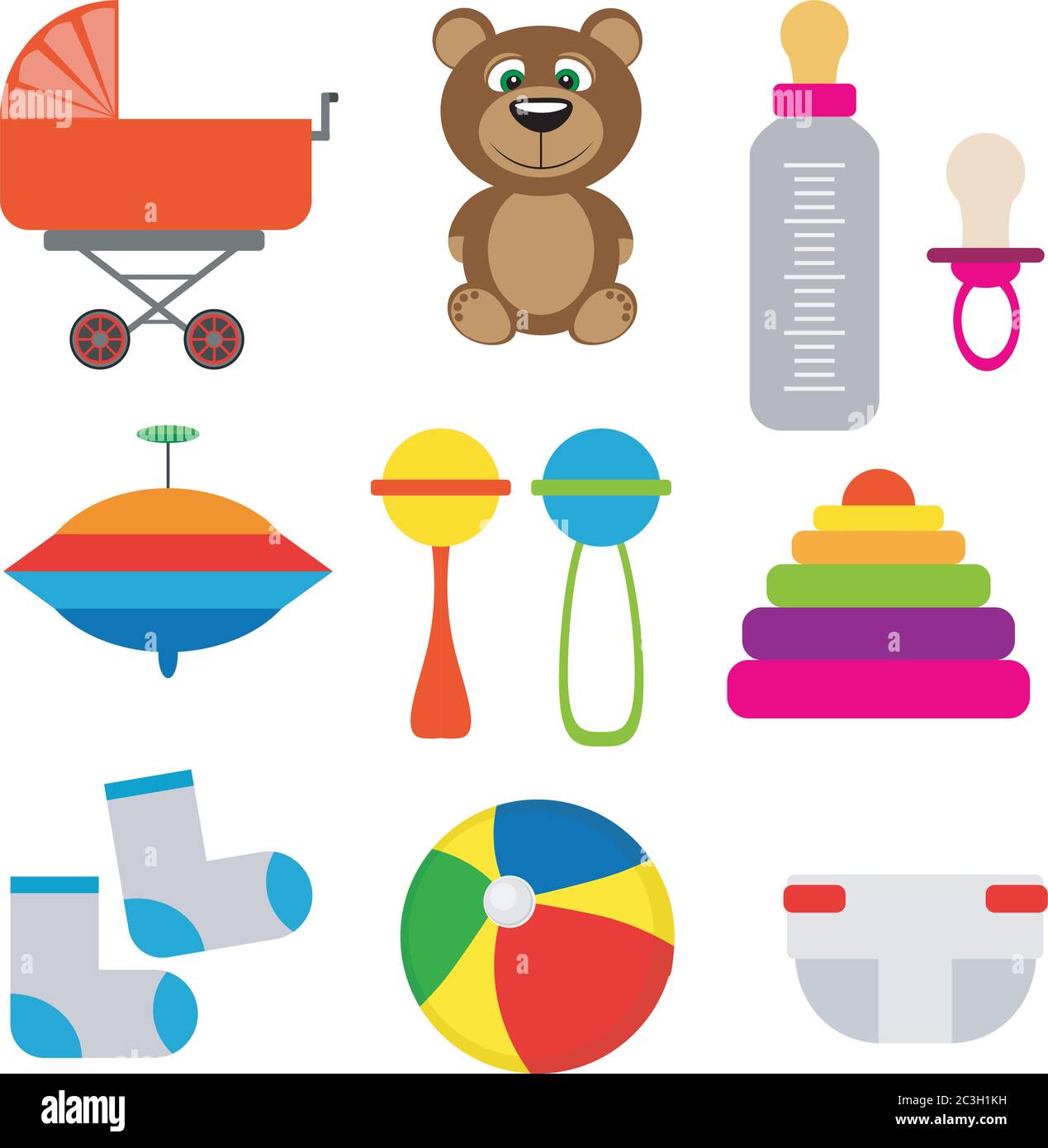 Kit bébé : poussette, biberon, chaussettes, jouets. Illustration vectorielle de style plat sur fond blanc isolé. Illustration de Vecteur