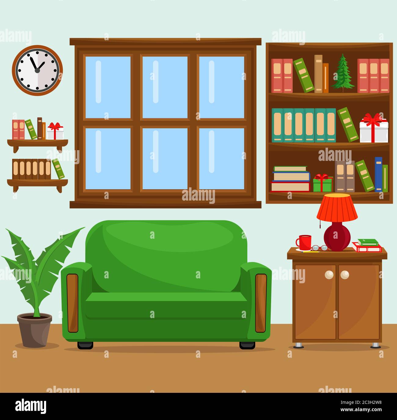Illustration vectorielle avec canapé, bibliothèque, fenêtre et lampe. L'intérieur du salon. Illustration de Vecteur