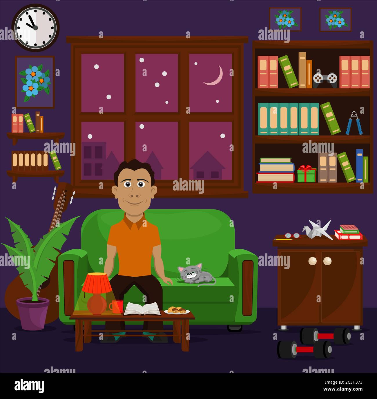 Une personne s'assoit sur le canapé le soir, lit et a un bon moment. Illustration vectorielle sur le thème de l'intérieur de la maison. Restez à la maison. Illustration de Vecteur