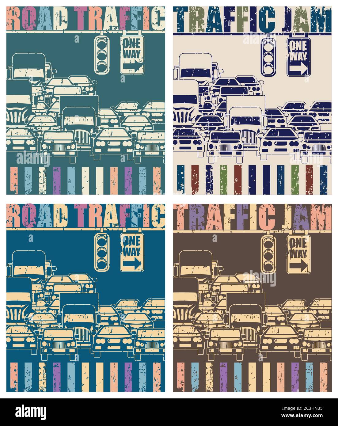 Illustration vectorielle stylisée sur un thème de trafic, de transport, de bouchons de circulation à l'heure de pointe et de vie dans une grande ville dans le style d'anciennes affiches Illustration de Vecteur