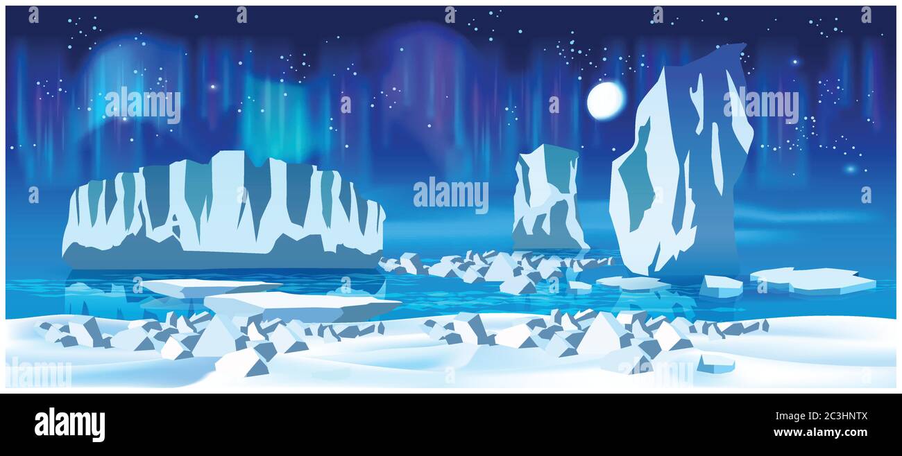 Illustration vectorielle sur le thème du Grand Nord. Icebergs dans l'océan Arctique la nuit. Illustration sans couture horizontale si nécessaire. Illustration de Vecteur