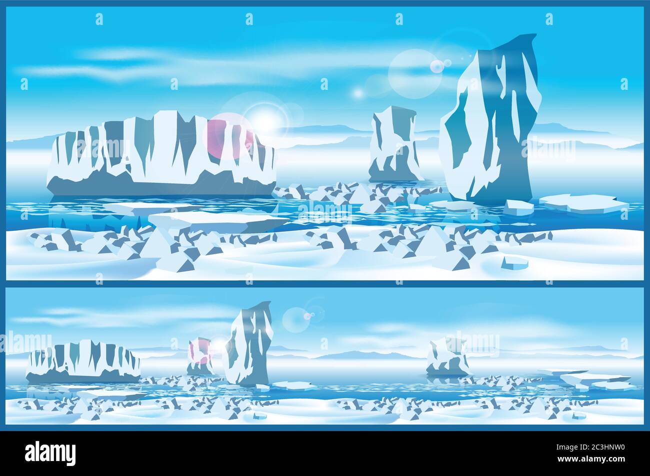 Illustration vectorielle sur le thème du Grand Nord. Icebergs dans l'océan Arctique. Illustration sans couture horizontale si nécessaire. Illustration de Vecteur