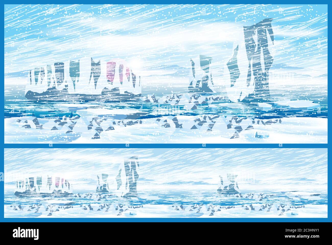 Illustration vectorielle sur le thème du Grand Nord. Icebergs dans l'océan Arctique et le blizzard arctique. Illustration sans couture horizontale si nécessaire. Illustration de Vecteur