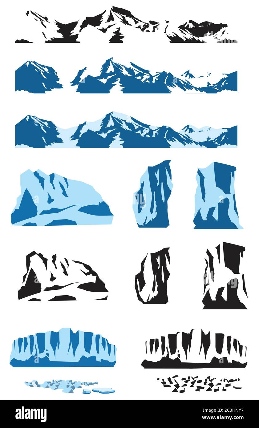 Ensemble stylisé de blocs de glace, glaciers, icebergs de différentes formes et de tailles et de montagnes horizontales sans couture recouvertes de neige. Illustration de Vecteur
