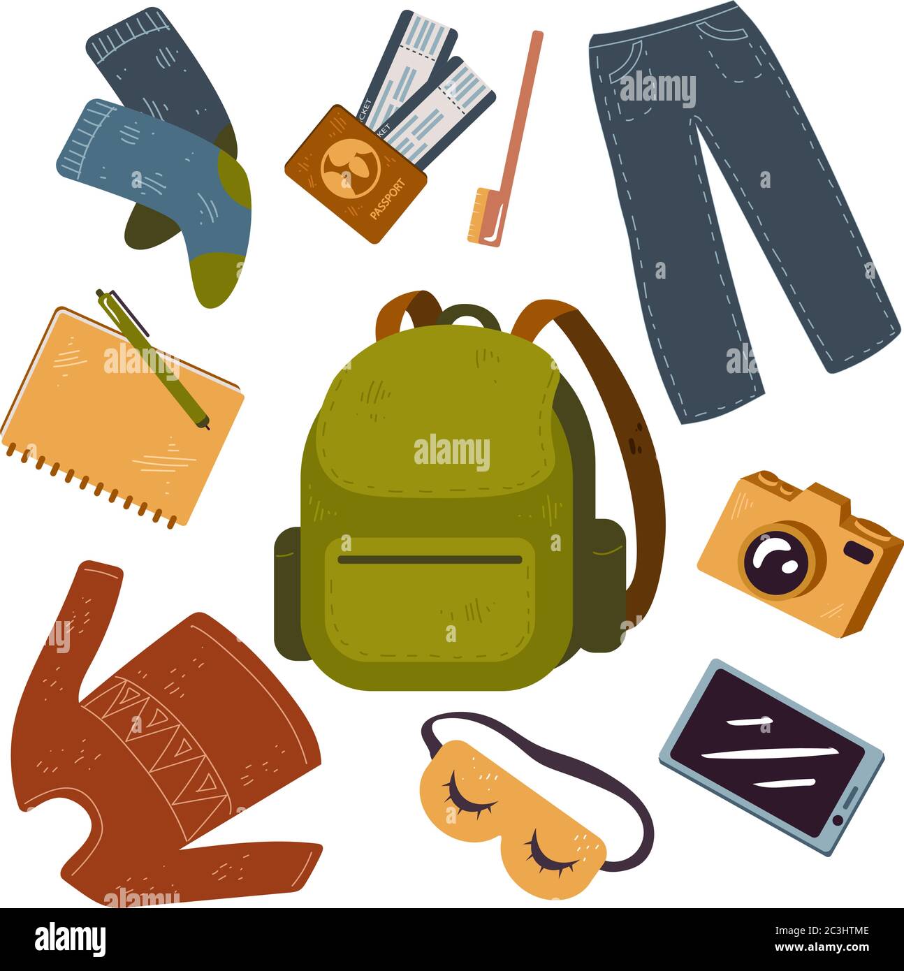 Ensemble de vecteur de choses pour routard, forêt, montagne, voyage touristique, vacances. Illustration de Vecteur