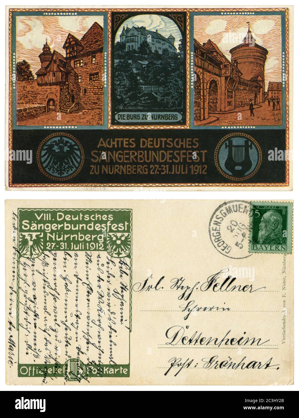 Carte postale historique allemande : festival de chant. Sängerbundesfest à Nuremberg, 27-31 juillet 1912. Un ancien château bavarois avec des tours. Bavière, Empire allemand Banque D'Images