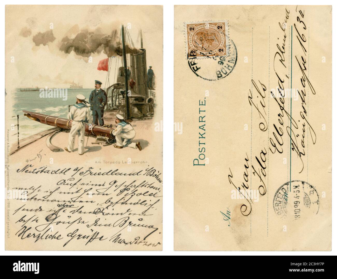 Carte postale historique allemande : marins et officier de marine sur un navire de guerre de l'Empire allemand au tube de torpille, se préparant à lancer une torpille. 1899 Banque D'Images