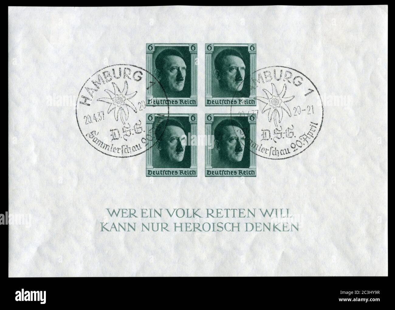 ALLEMAGNE - VERS 1937: Timbre-poste allemand: Bloc de quatre timbres: Le 48e anniversaire d'Adolf Hitler 20 avril 1937, annulation à Hambourg, Allemagne Banque D'Images
