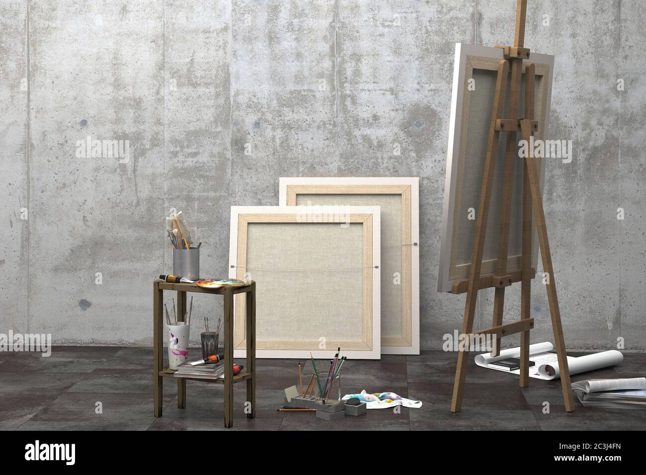 Intérieur d'un studio d'art avec un chevalet, toile sur une civière et un ensemble d'outils d'artiste. Conception d'un atelier d'art de style loft avec un mur en béton a Banque D'Images